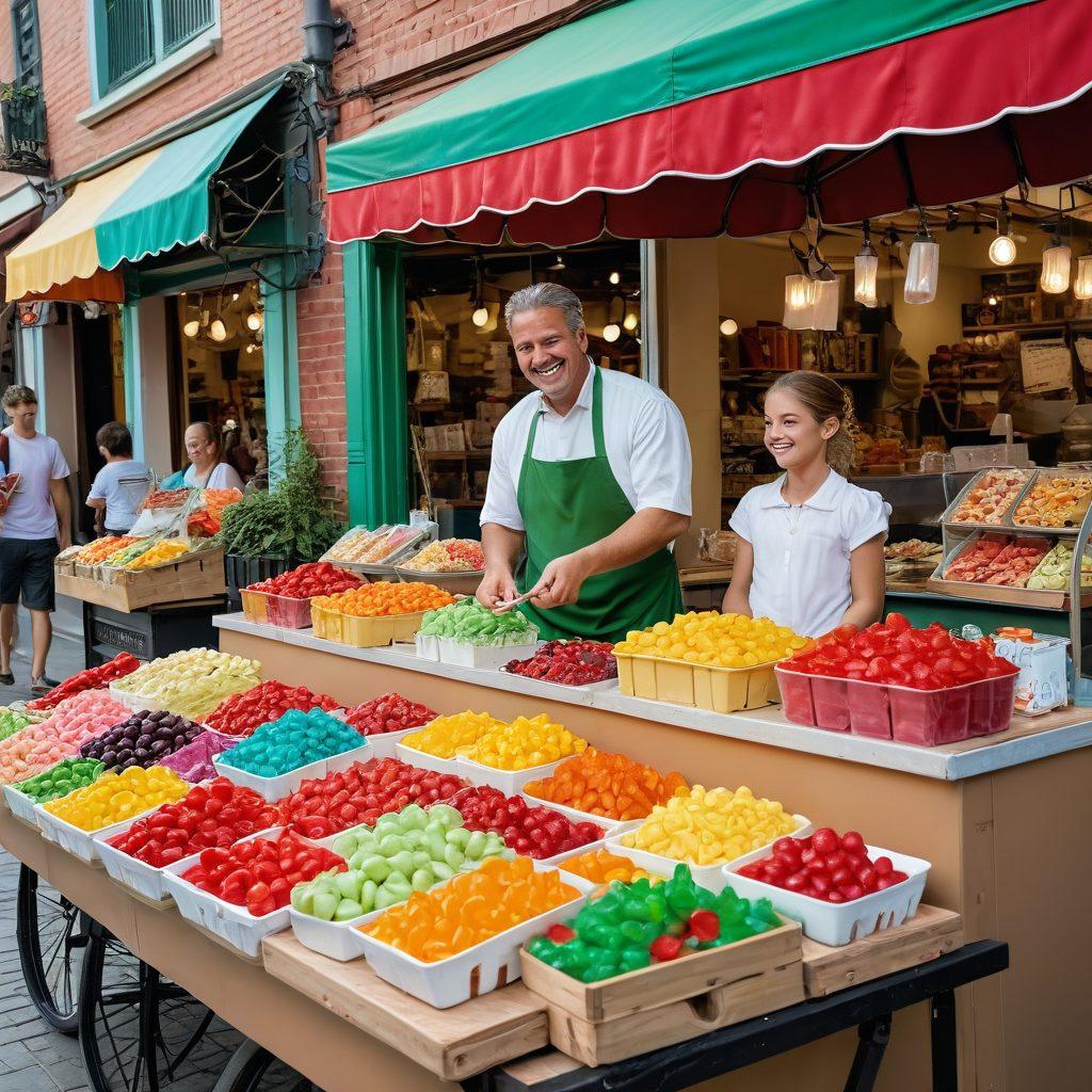 A whimsical scene showcasing an assortment of colorful gummy candies and creamy gelato scoops in a vibrant street market setting. The background features a cheerful vendor with a smile, offering gummy treats to excited children, while whimsical decorations and pastel-colored stalls create a festive atmosphere. Bright, inviting colors should dominate the image, evoking a sense of joy and indulgence. super-realistic. vibrant colors. cheerful atmosphere.