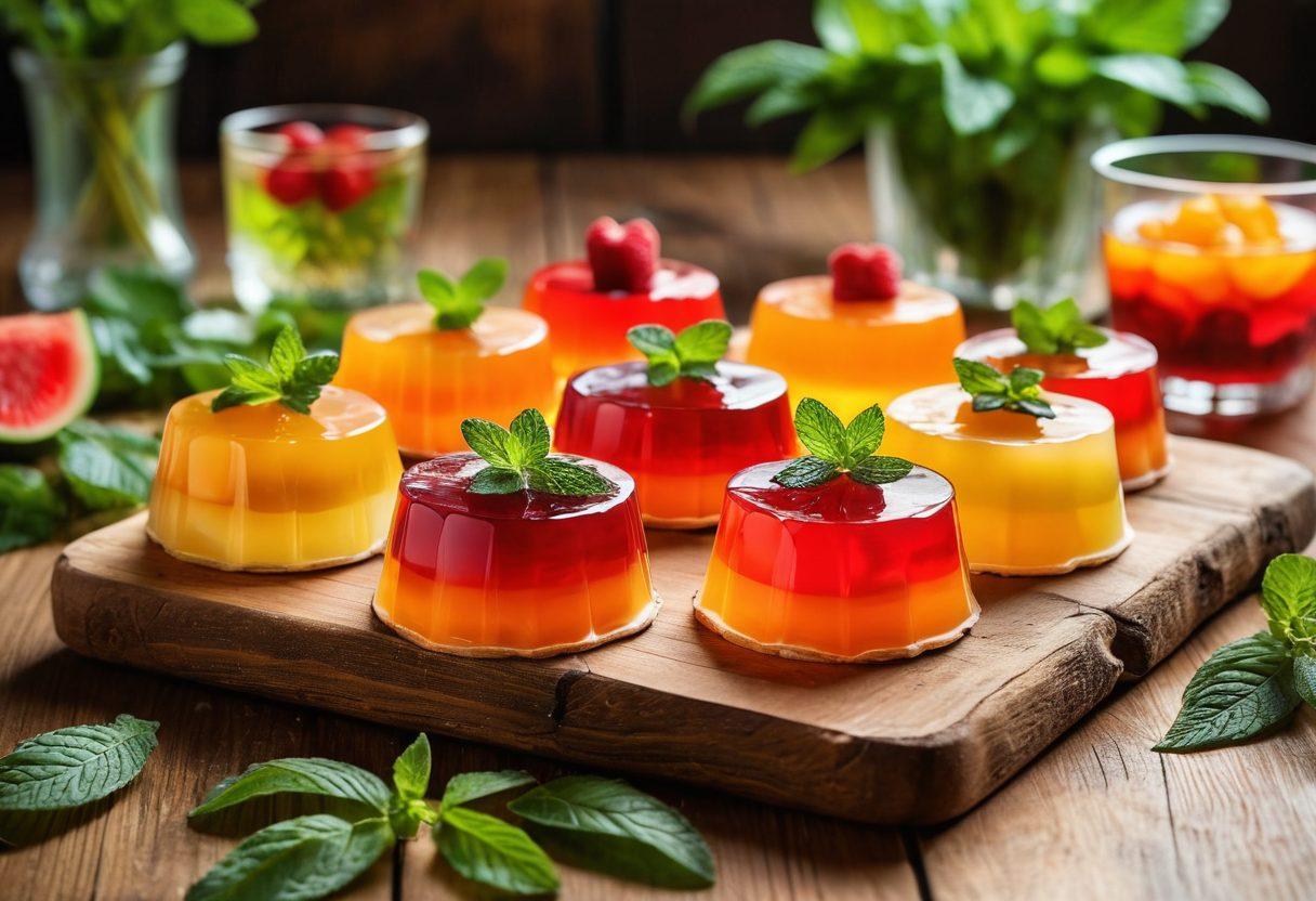 A vibrant, mouth-watering display of colorful jelly desserts in various shapes and sizes, elegantly arranged on a polished wooden table. Include bright jelly cups, layered desserts, and attractive garnishes like mint leaves and fruit slices. The background is a soft, blurred kitchen setting to evoke a cozy culinary atmosphere. Super-realistic. Vibrant colors. Soft-focus background.