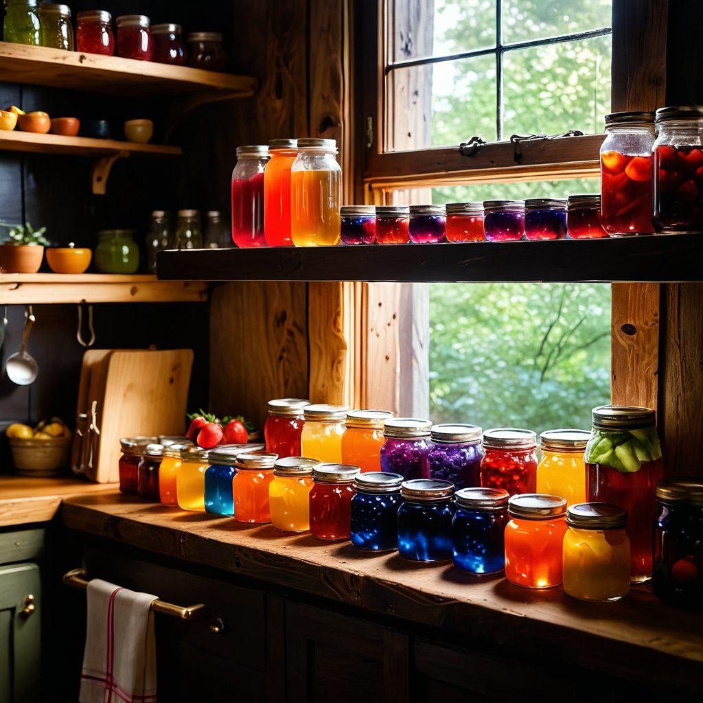 A cozy kitchen scene showcasing colorful jars of homemade jelly in various flavors, surrounded by fresh fruits like strawberries, blueberries, and peaches. The setting includes rustic wooden shelves adorned with kitchen utensils, and a recipe book open on the counter. Sunlight streams in through a window, highlighting the vibrant colors of the jellies. Soft, warm tones create a welcoming atmosphere, inviting the viewer to create their own sweet confections. super-realistic. vibrant colors. soft lighting.